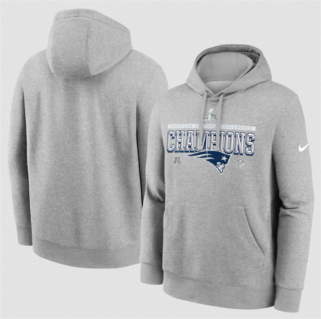 Men's New England Patriots Heather Gray 2025 AFC Champions Locker Room Trophy Collection Hoodie
